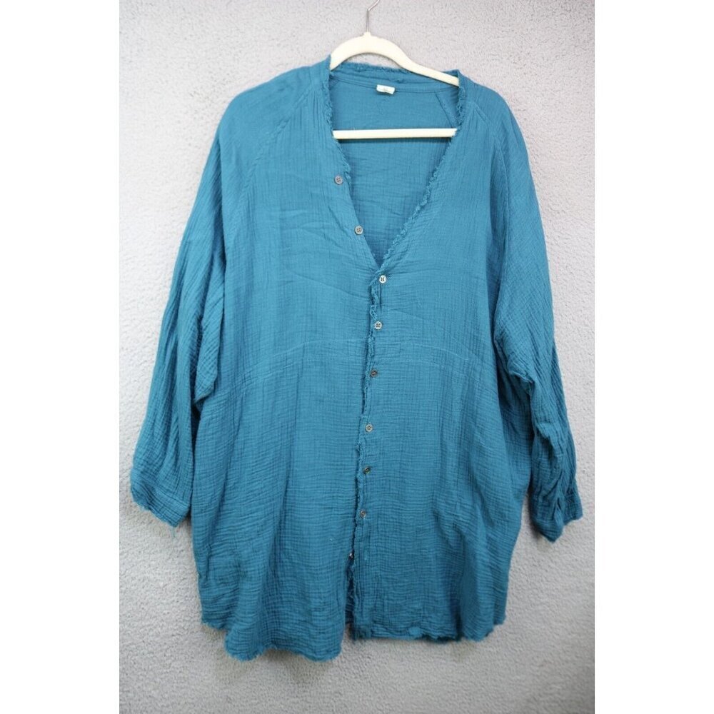 iGenjum Turquoise Long Sleeve Button-Up Beach Cover-Up-Size 2XL-Boho-Pockets